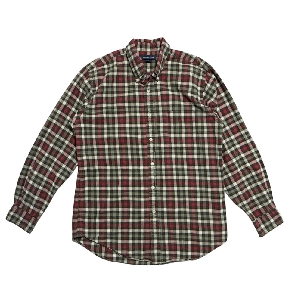 Lands' End Shirt Mens Medium 15-15.5 Red Green Plaid Button Front Cotton Casual‎